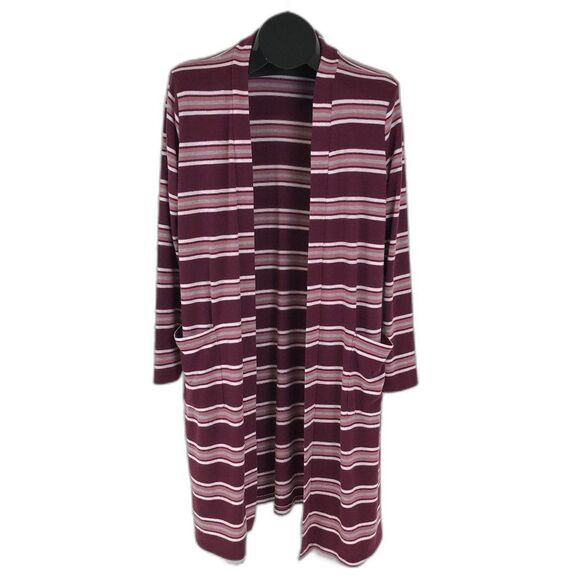 Pink Rose Long Cardigan Size Large Open Front Striped Pockets Stretch Knit - Picture 1 of 10